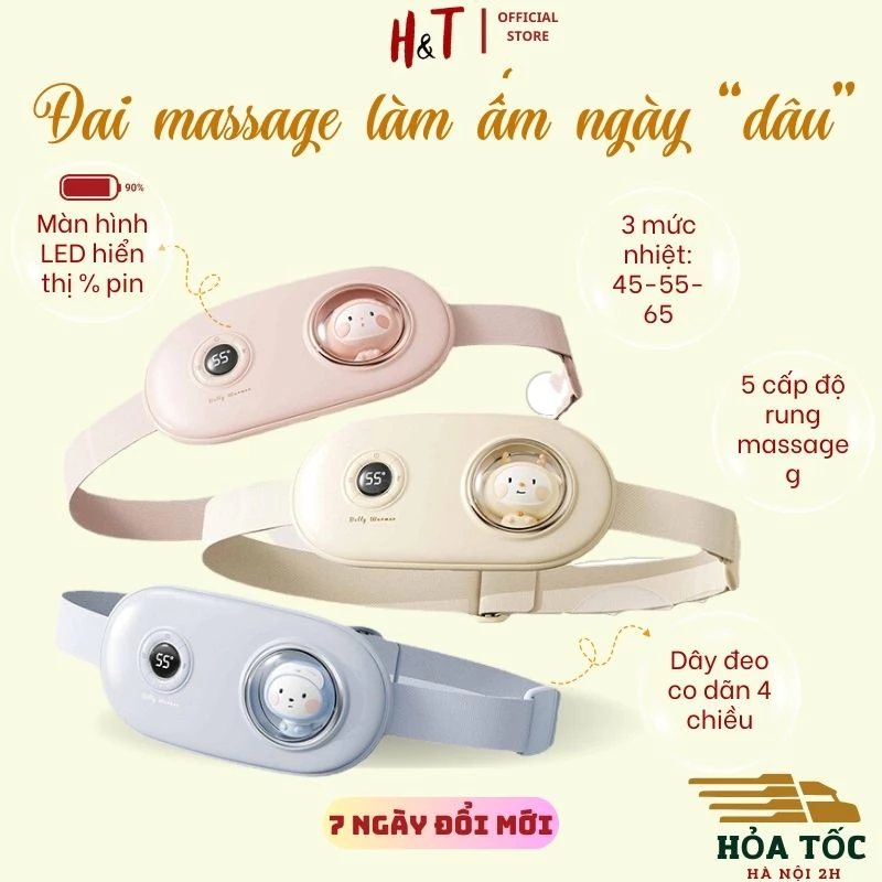 Máy massage làm ấm bụng - Đai chườm giảm đau kinh nguyệt, màn hình LED hiển thị pin, 5 chế độ massage, 3 chế độ nhiệt