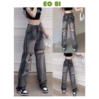 Quần jeans ống rộng xám khói rách nhiều cạp cao 3 khuy cực chất, Quần bò phối màu unisex trẻ trung cá tính - EOBI