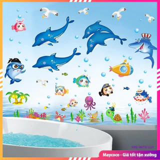 Combo 2 decal, tranh dán tường cho bé thế giới cá ngộ nghĩnh cho bé trang trí phòng chủ đề động vật biển