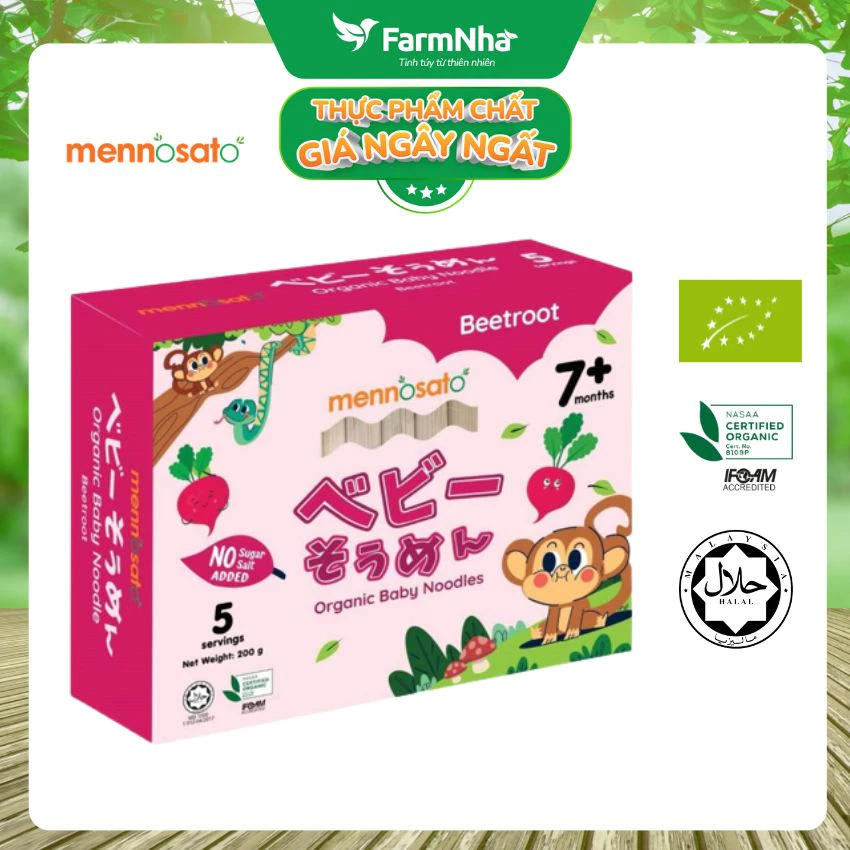 Mì Rau Củ Hữu Cơ Mennosato ăn dặm Cho Bé từ 7 tháng tuổi Vị Củ Dền 200g - Organic Baby Noodles Beetroot