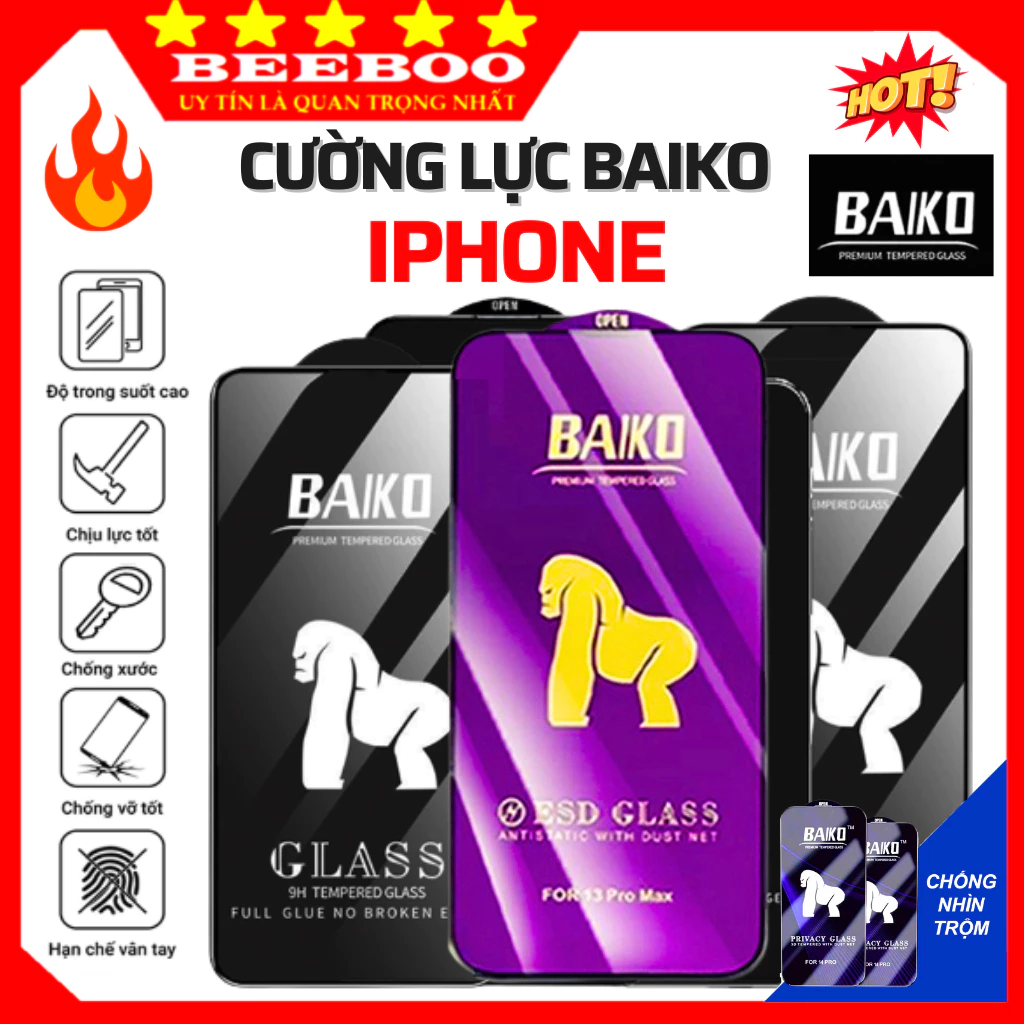 Kính cường lực iphone baiko 18 ProMax  17 ProMax 16 15 Pro Max 14 Plus 13 12 11 Pro max xsm X Xs Xr 7/8Plus - Chống Trầy