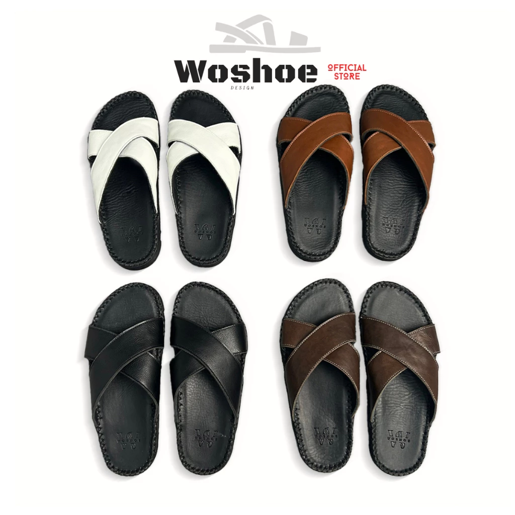 Dép Nam Quai Chéo Da bò WOSHOE Đế Doctor Khâu chỉ toàn bộ, cao su đúc mũi tròn