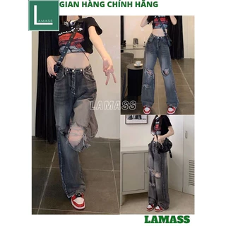 Quần bò ống rộng rách gối màu xám đen cạp cao đứng dáng, Quần jean suông unisex thời trang cá tính trẻ trung - LAMA