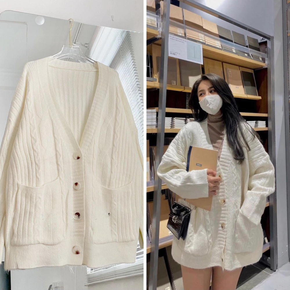 Áo khoác len cardigan , áo khoác len nữ form rộng túi trước tay phồng vải len thừng QCCC loại 1 phong cách Hàn Quốc