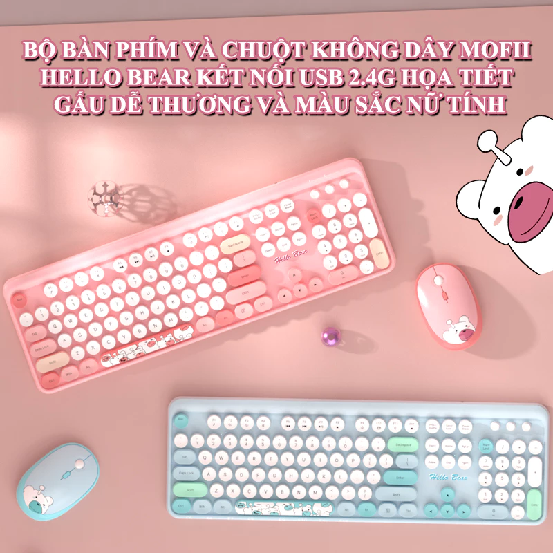 Bộ bàn phím và chuột không dây MF HELLO BEAR kết nối chip USB 2.4G thiết kế họa tiết gấu dễ thương