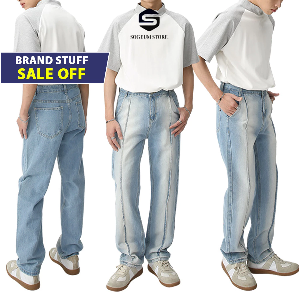 Quần Jean nam ống rộng Xếp Ly, Quần bò Baggy nam ống suông màu xanh wash cao cấp bigsize Sogeum Store