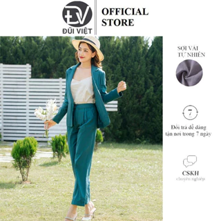 Set đồ nữ công sở vải linen Hàn, Áo blazer tay lỡ cổ ve vuông & quần dài suông rộng Đũi Việt