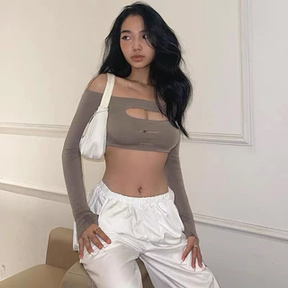 | BAOBEII GU | Áo croptop tay dài xỏ ngón phối xẻ sexy- Có bigsize