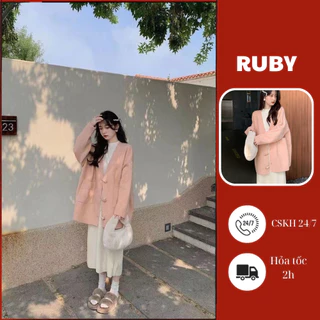 Áo Cardigan Form Rộng Ruby  Có Khuy Cách Điệu, Áo Khoác Cardigan Màu Hồng Phong Cách Ngọt Ngào