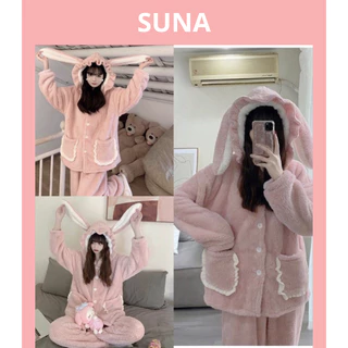 Bộ ngủ lông cừu tai thỏ khuy cài viền bèo hồng dễ thương , sét đồ bộ pyjama lông cute 2 mặt mượt mà ấm áp form rộng,SUNA