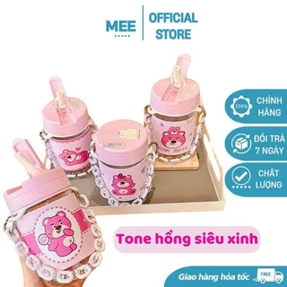 BÌNH NƯỚC GẤU BỌC DA TONE HỒNG 400ML KÈM ỐNG HÚT