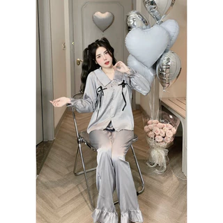 [𝐑𝐞̉ 𝐯𝐨̂ đ𝐢̣𝐜𝐡] Sét đồ bộ pijama tay dài thiết kế phối nơ xinh xắn chất lụa latin siêu mềm mịn mát