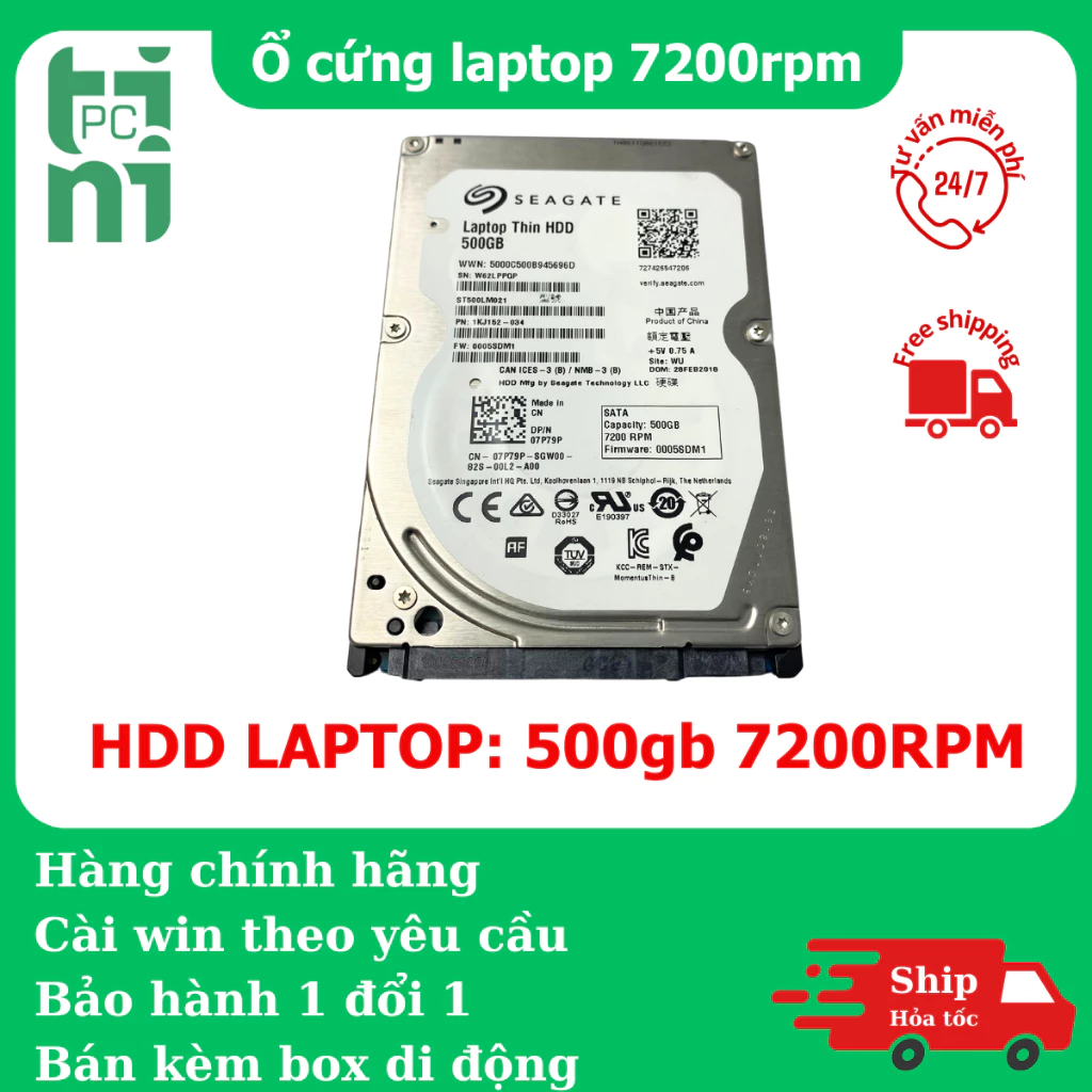 Ổ Cứng HDD Laptop 500GB 7200rpm Tháo Máy Chuẩn SATA 2.5 Inch Mỏng 7mm