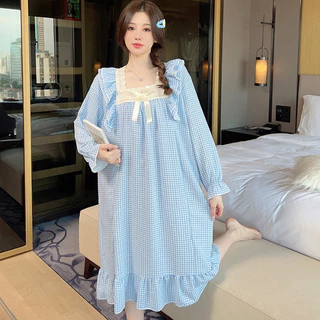 HÀNG SẴN_CÓ BIGSIZE đến 80kg_Đầm Ngủ Pyjama Mặc Nhà Cổ Vuông Cotton Lanh Phối Nơ MOEN83