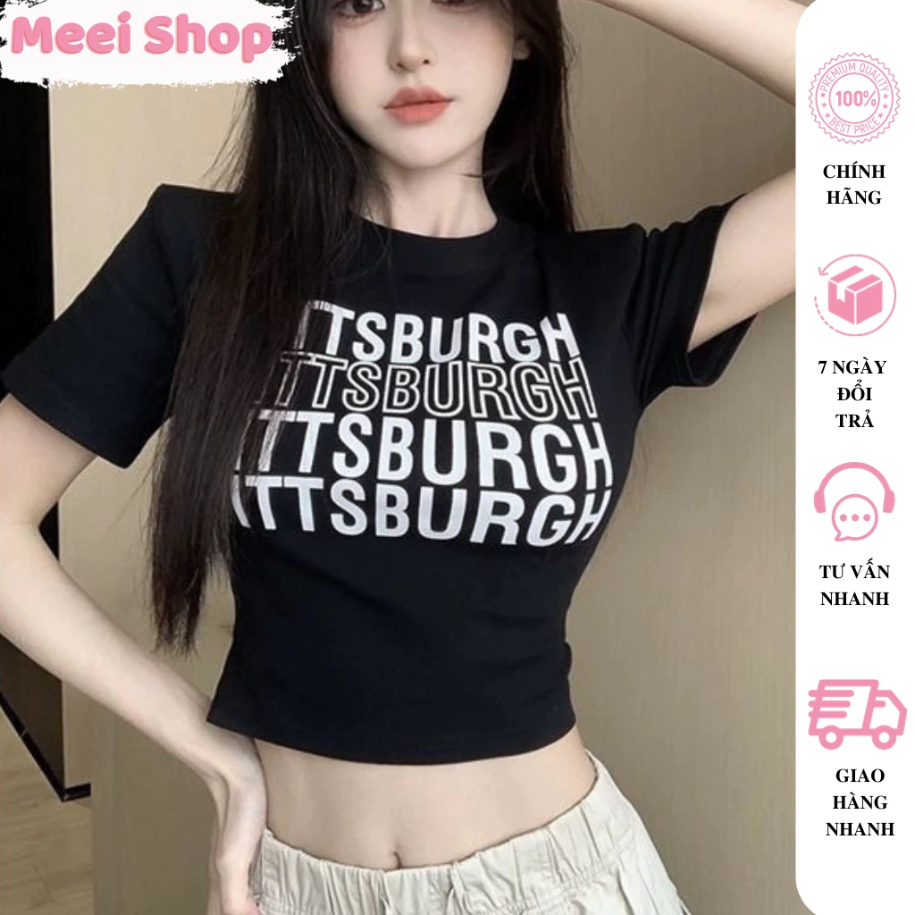 Áo croptop ngắn tay cổ tròn in chữ Meei Shop, Áo thun kiểu nữ chất borip phong cách cá tính -A99-