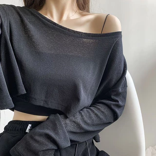 Áo Croptop Thun Xước Lệch Vai Dài tay Nữ [FREESHIP] Áo phông giấy mỏng dáng suông ôm bánh bèo tiểu thư ulzzang sexy hot