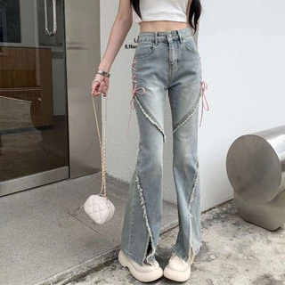 Quần Jeans Ống Loe Xẻ Tà Thắt Dây Cột Nơ Phối Tua Rua Lưng Cao Phong Cách Retro