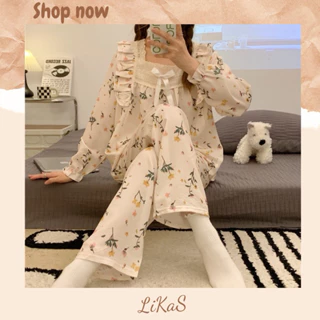 Bộ đồ ngủ Pyjama dáng dài cổ vuông hoạ tiết hoa nhí chất xốp mát