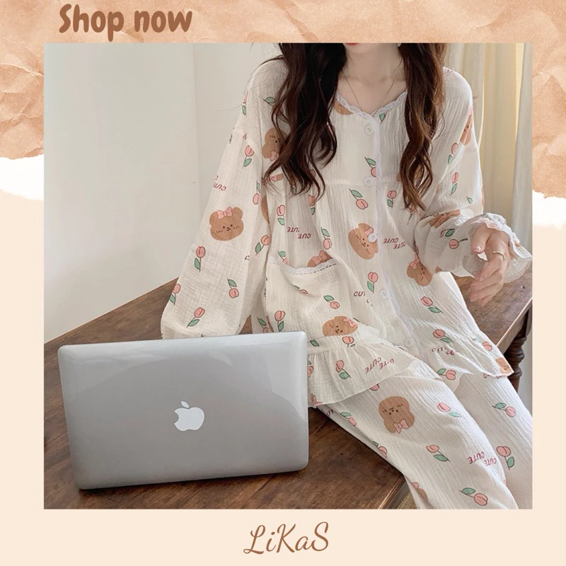 Đồ ngủ/Pijama mùa hè chất xốp mát hoạ tiết gấu hoa dễ thương tay dài quần dài