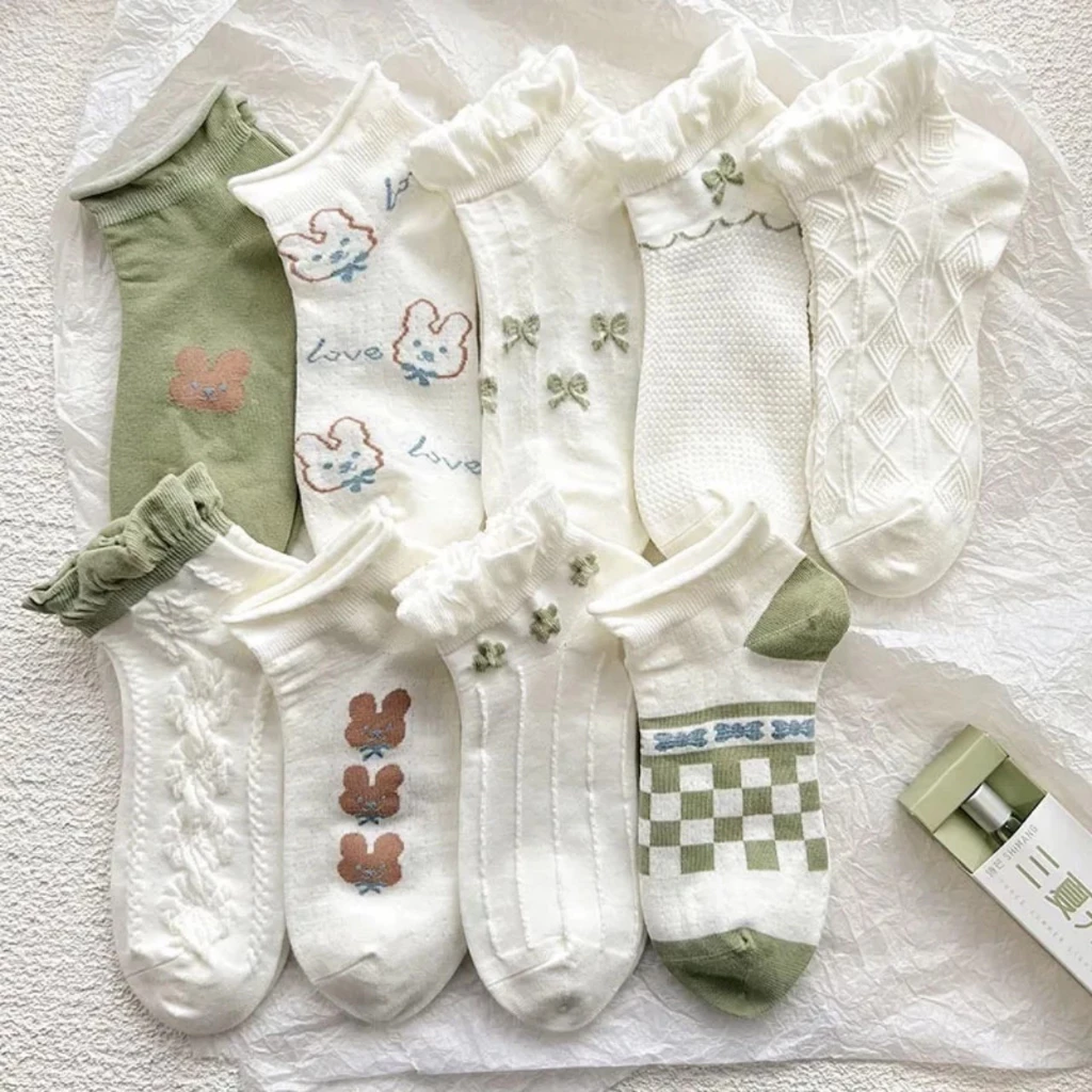 Set 5 đôi Vớ Tất Cotton Cổ Thấp Phối Ren Mầu XANH TRẮNG Thoáng Khí Phong Cách Thời Trang Cho Nữ