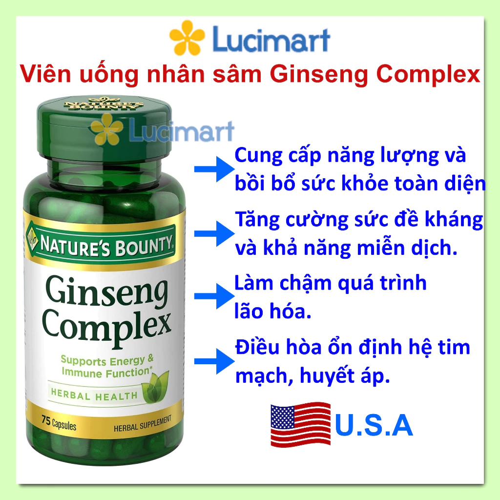 Viên uống nhân sâm Ginseng Complex Nature’s Bounty hũ 75 viên [Hàng Mỹ]