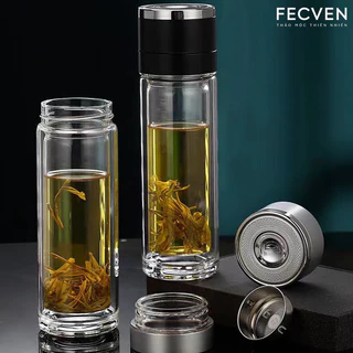 Bình Thủy Tinh Pha Trà Fecven 2 Lớp Có Lõi Lọc Inox, Mở Đóng Nắp Tự Động Chỉ Với Một Nút Bấm, Dung Tích 400ml