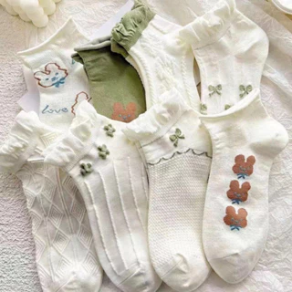 Set 5 đôi Vớ Tất Cotton Cổ Thấp Phối Ren Mầu XANH TRẮNG Thoáng Khí Phong Cách Thời Trang Cho Nữ