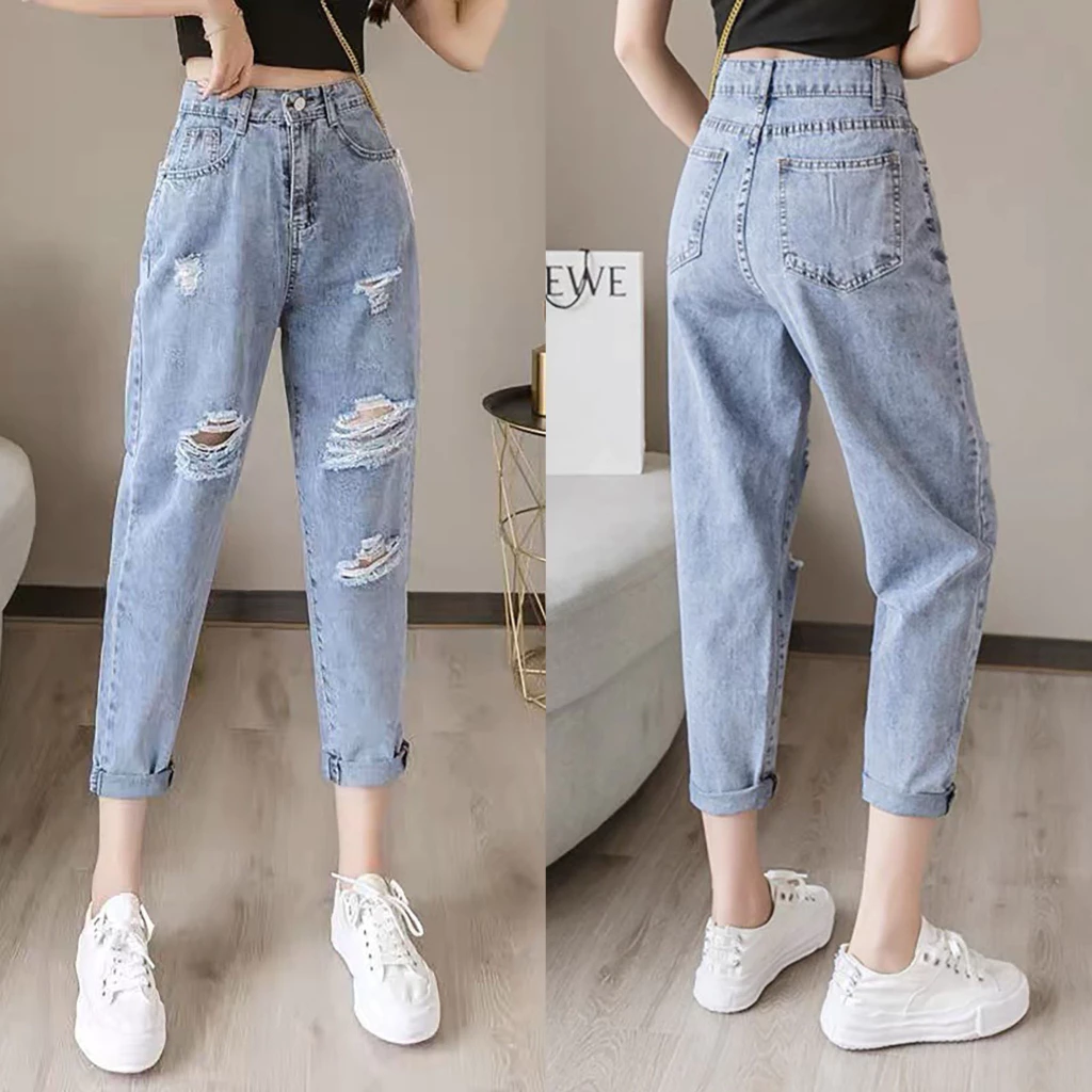 Quần Jean Baggy Nữ Big Size Lưng Cao Rách bụi, phong cách hàn quốc, màu xanh đá 4153 Có Lưng Chun
