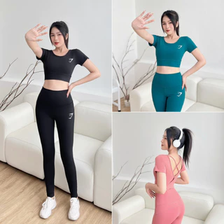 Đồ tập gym nữ, đồ tập yoga nữ 2 dây chéo áo cộc tay croptop hở lưng kèm mút và quần dài cạp cao chất thun lạnh (D16)