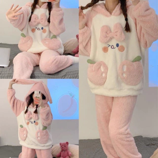 Bộ ngủ lông gấu hồng túi đào đính nơ dễ thương form rộng, Sét đồ pyjama mặc nhà mùa đông