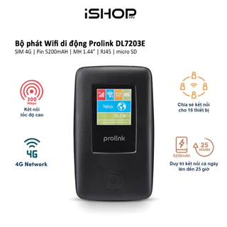 Bộ phát Wifi di động Prolink DL7203E, sử dụng SIM 4G, tốc độ 4G LTE 150Mbps, pin dung lượng lớn 5200mAH, màn hình 1.44"