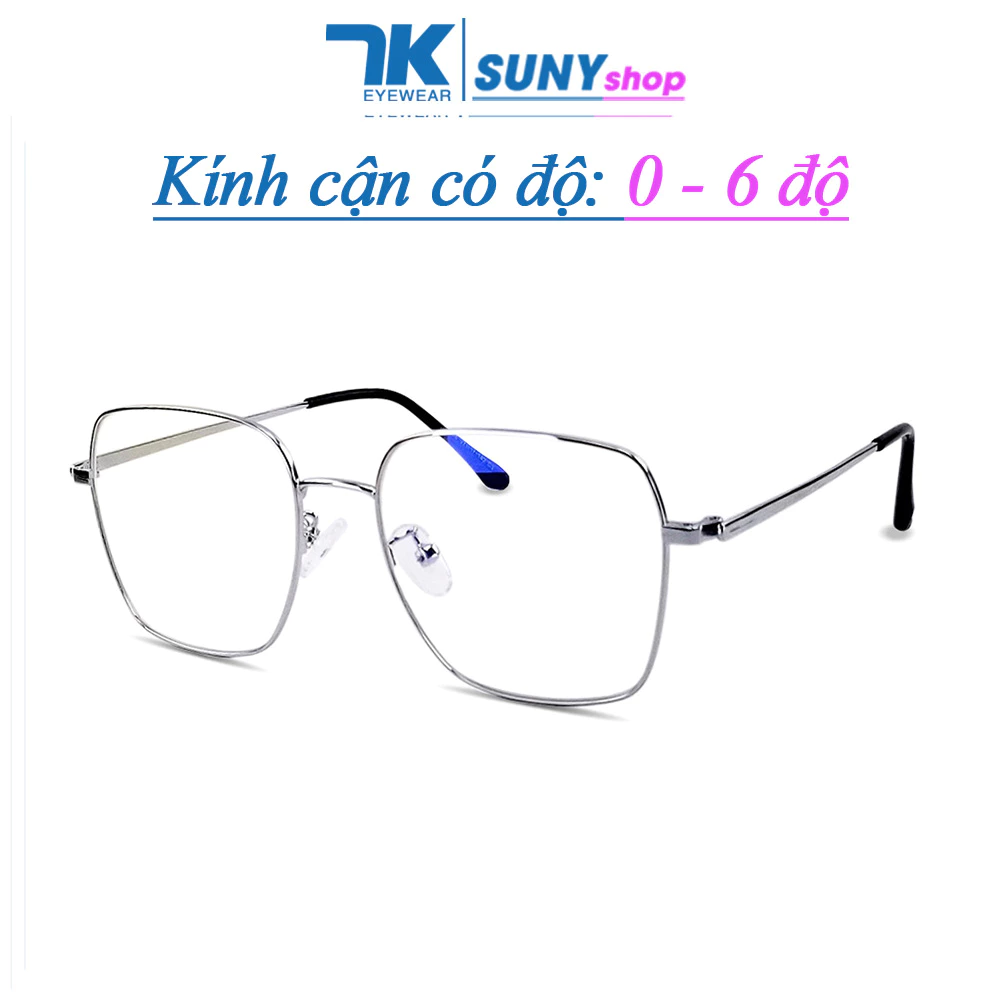 Mắt kính cận có độ sẵn 0 6 độ nam nữ mắt chữ nhật kim loại màu đen, trắng bạc 7K2948.  Tròng chống tia uv, ánh sáng xanh