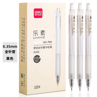 Hộp 12 Bút gel bấm Deli A122 ngòi nhỏ 0.35mm - Mực đen, đều mực, ngòi nhỏ, viết êm