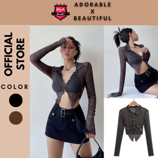 [Ảnh Thật] Áo Croptop Xuyên Thấu Nút Đen/Nâu Xẻ Tà, Áo Thun Tay Dài Seethrough Sexy Trendy Ulzzang [AdorablexBeautiful]