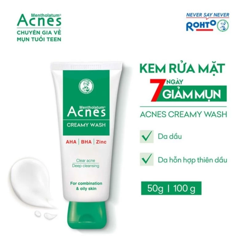 Kem rửa mặt Acnes Creamy Wash 100 gram,kem rửa mặt cho da mụn, da dầu, da hỗn hợp dầu