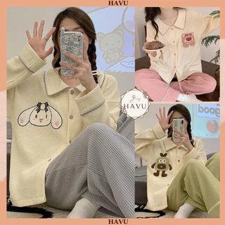 Bộ pijama cho nữ tay dài in hoạt hình HAVU SHOP - Đồ bộ mặc nhà chất tổ ong