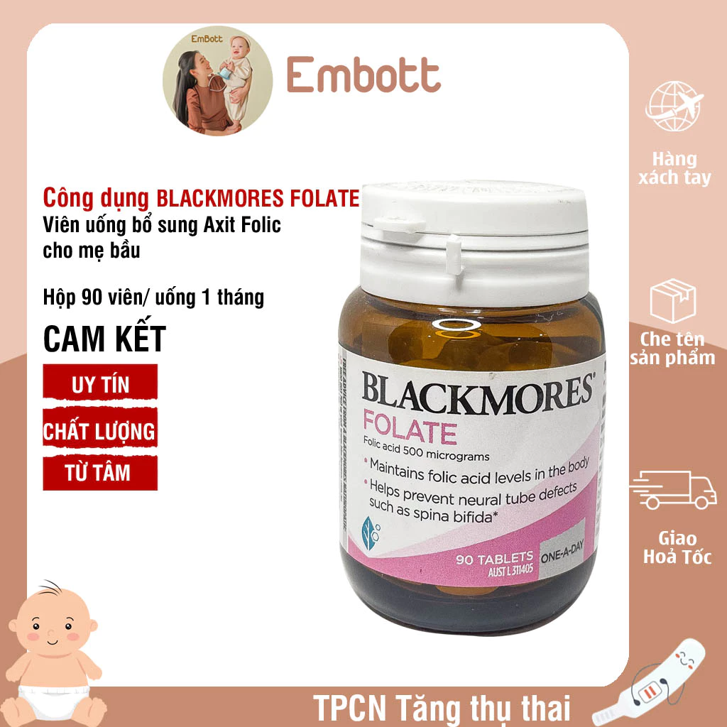 Blackmores Folate 500mcg 90 viên Viên uống bổ sung acid Folic cho bà bầu Embott