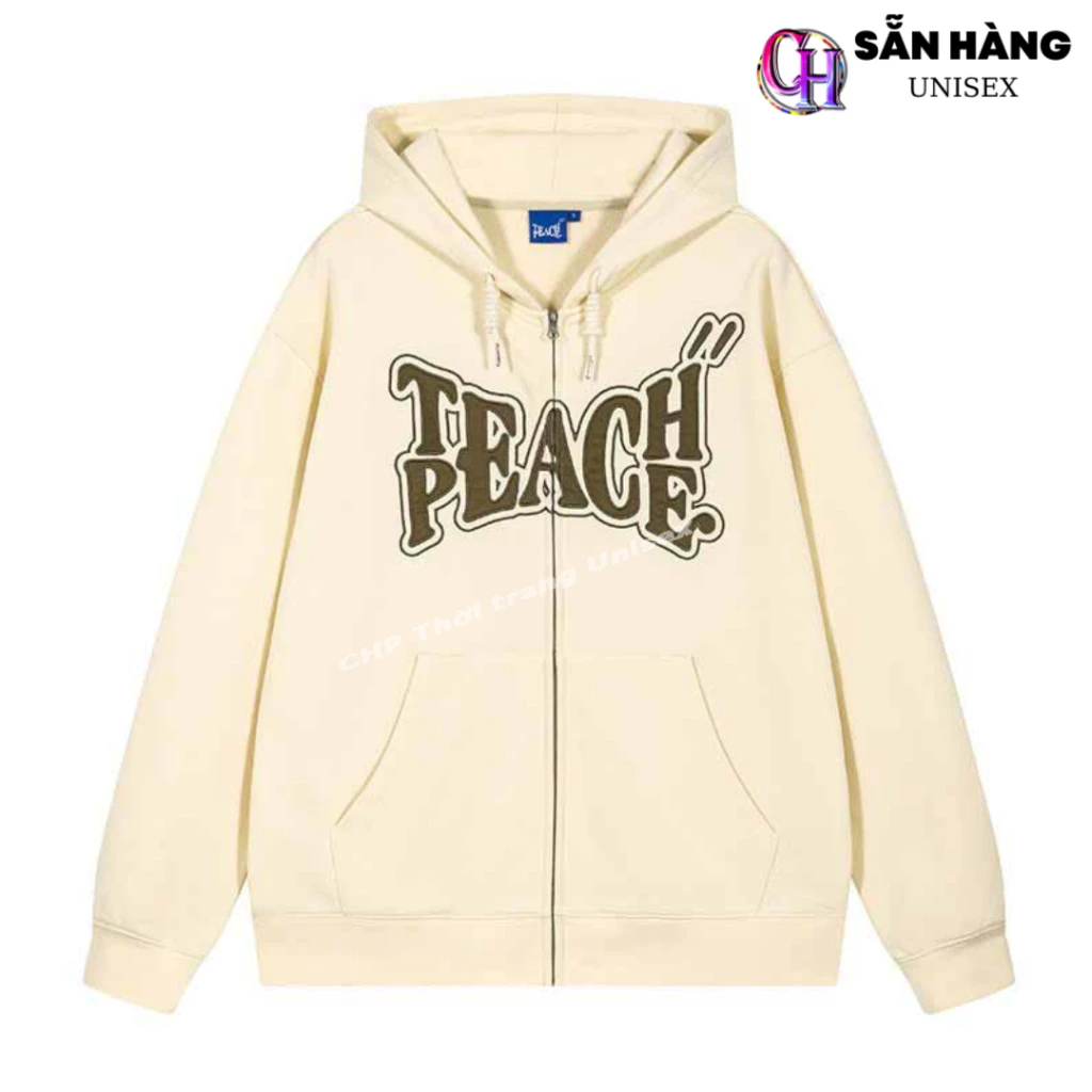 Áo khoác hoodie zip chất nỉ bông thêu TEACH PEACE - Áo hoodie zip unisex nam nữ from rộng phong cách hàn quốc EAC - CHP