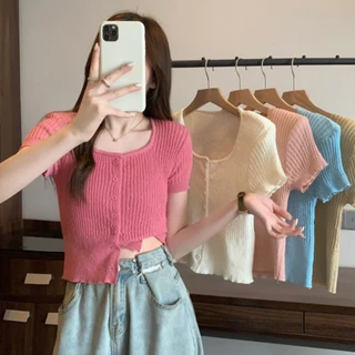 Áo len kiểu nữ cổ vuông tay ngắn dáng ôm croptop bo gấu hàng dệt kim mongtoghi phong cách ulzzang Hàn Quốc