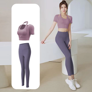 Bộ quần áo tập gym  áo croptop có mút đệm, chốt gài nâng ngực và quần dài ôm body, tôn dáng