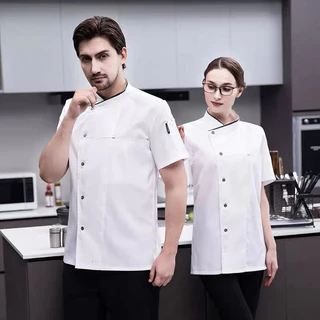 Đồng phục bếp ngắn tay,áo bếp trắng đen phù hợp cho nam nữ( hàng sẵn síp nhanh )