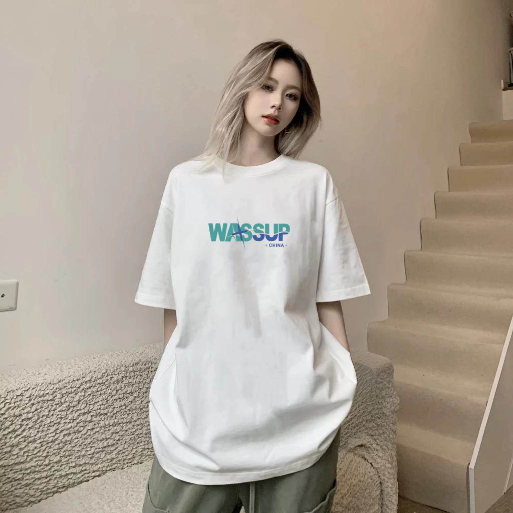 Áo thun nữ HappyFamily - Mẫu  tay lở in chữ WASSUP chất cotton 100 Cao Cấp