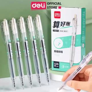 Combo 5 Bút gel bấm Deli SA130 ngòi 0.35mm nét nhỏ, siêu trơn - Mực đen