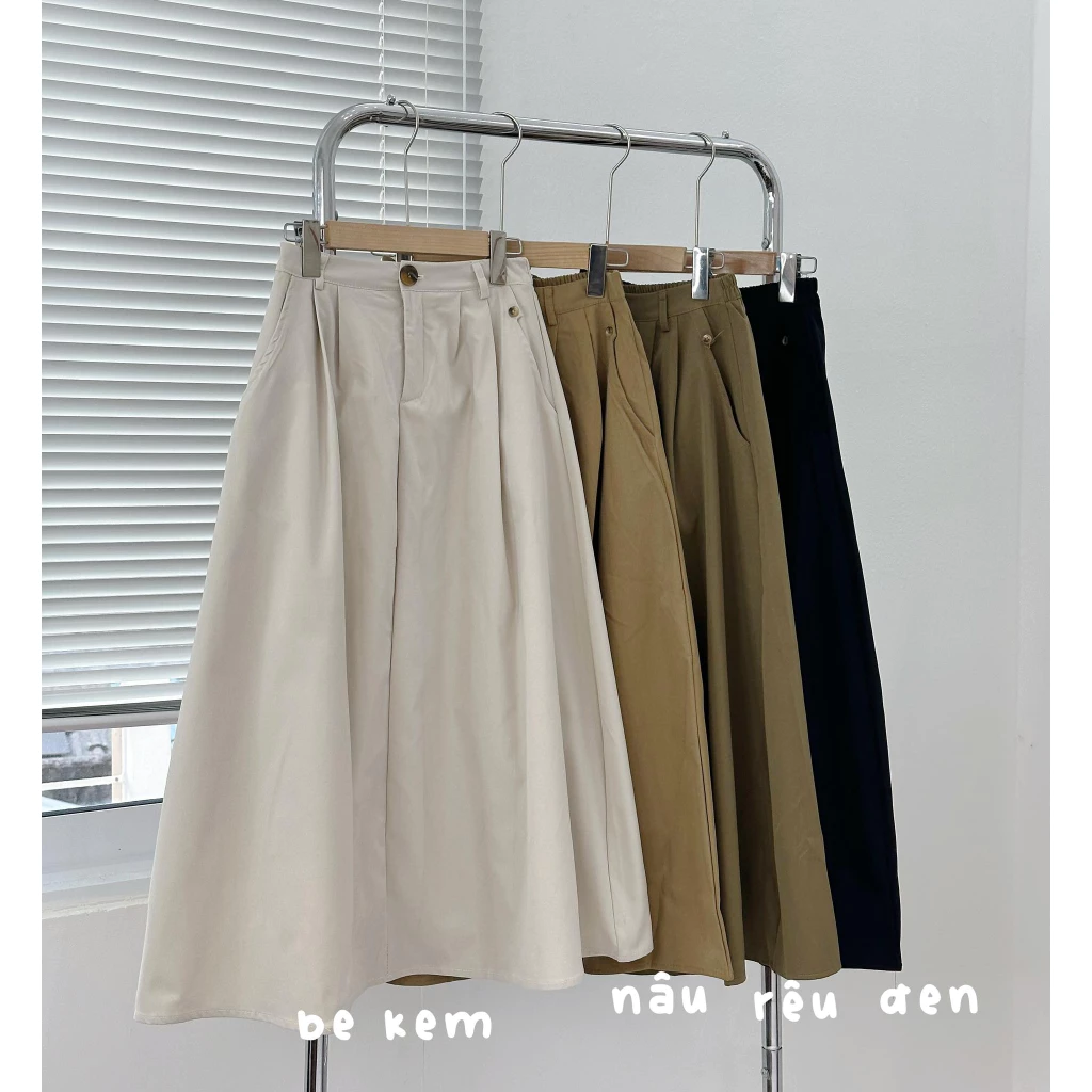 Chân váy kaki trơn form xòe dáng dài chun sau Ulzzang