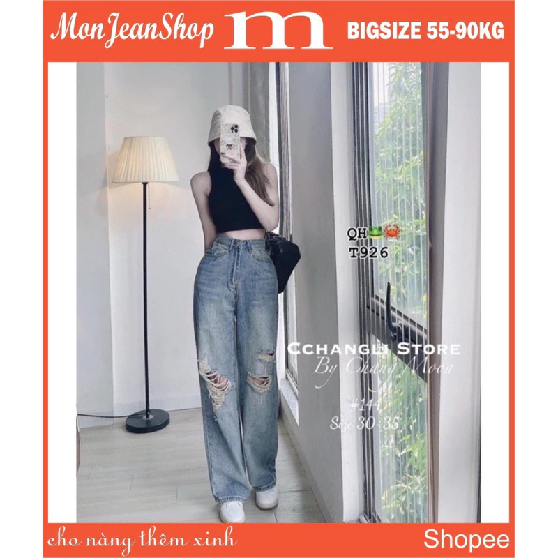 Quần Jean Nữ Bigsize Lưng Cao Ống Rộng Rách Kiểu Thời Trang Cực Đẹp Ms144