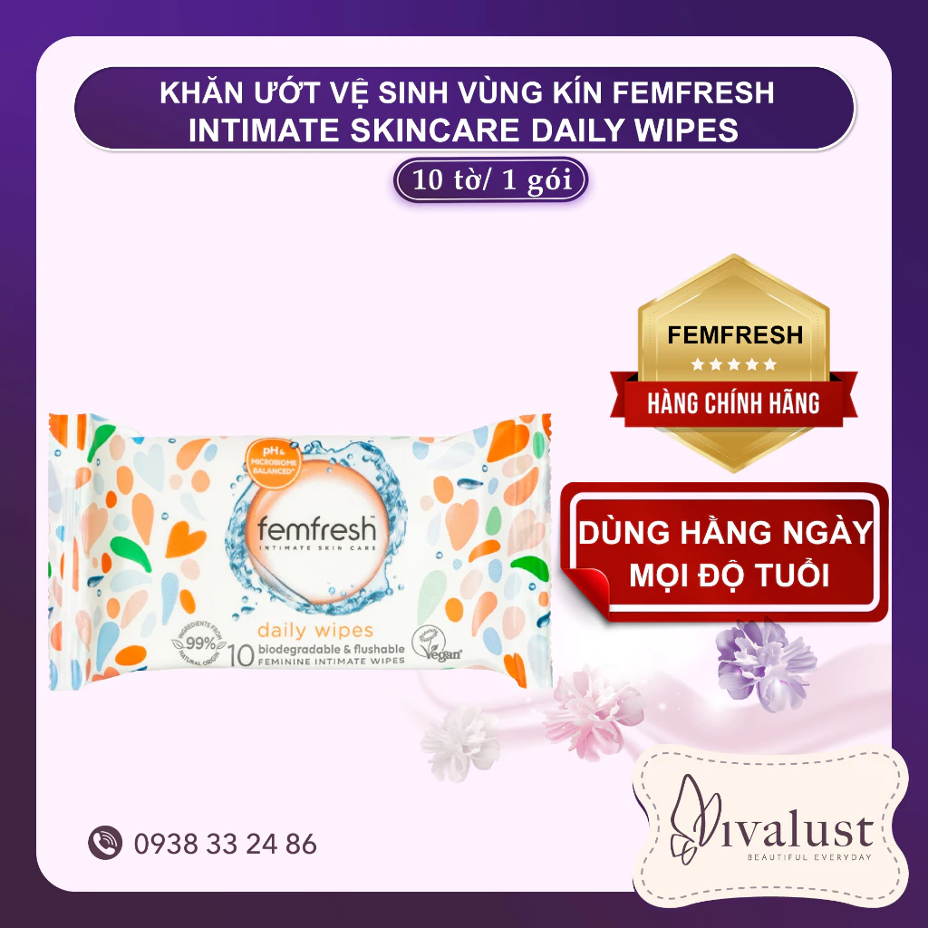 Khăn ướt vệ sinh vùng kín cao cấp Femfresh Intimate Skincare Daily Wipes 10 tờ ( Thích Hợp Dùng Hằng Ngày )