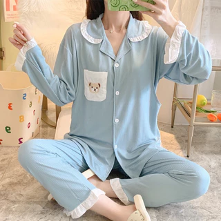 Bộ đồ bầu dài tay và cho con bú thu đông chất Lụa Tăm kiểu pijama siêu mềm mặc nhà có chun rút chỉnh bụng bigsize