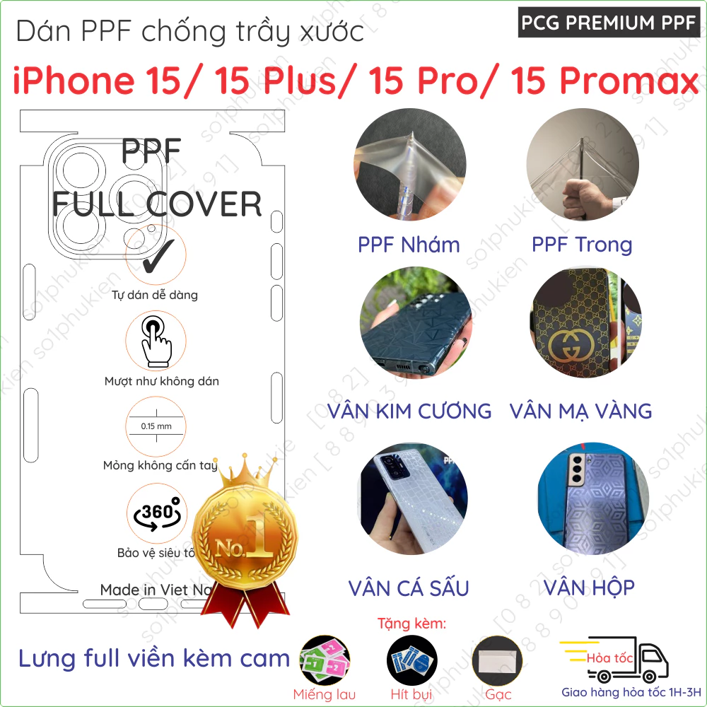 Dán PPF mặt lưng full viền cho iPhone 15/ 15 Plus (15+)/ 15 Pro/ 15 Pro max (15 promax, 15 pm) trong, nhám, hoạ tiết