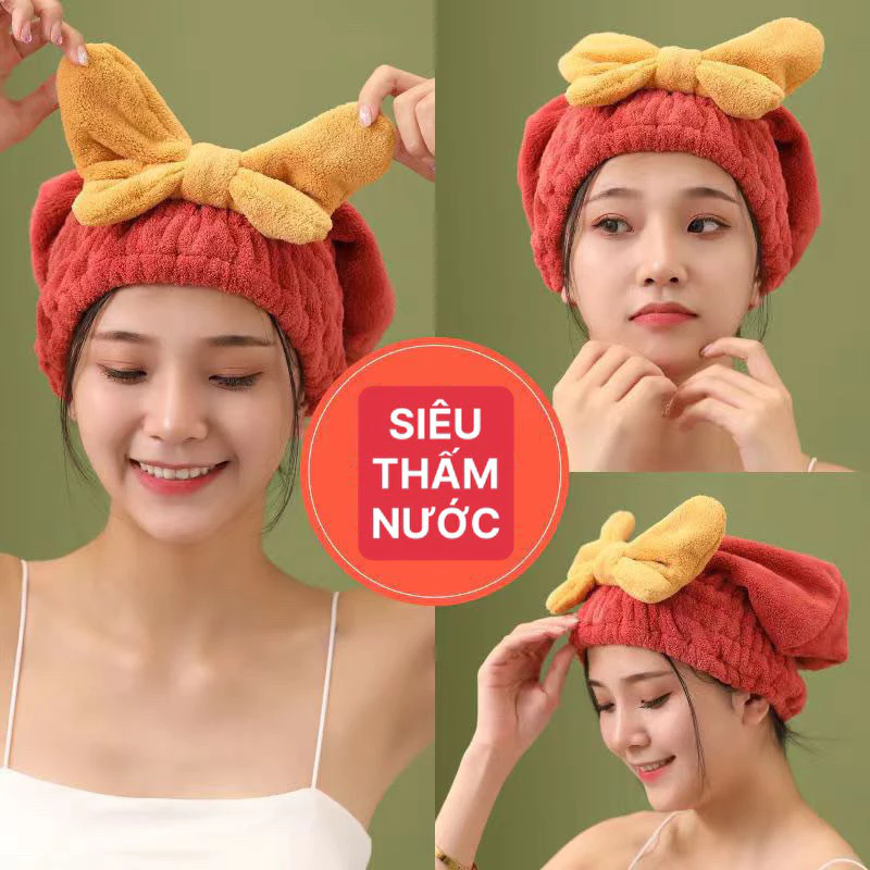 Mũ chùm đầu làm khô tóc, khăn quấn tóc gắn Nơ cài,dày dặn siêu thấm nước kcd455