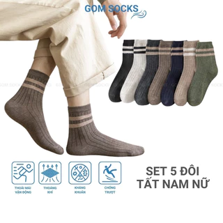 Set 5 đôi vớ cổ cao nam nữ GOMSOCKS, mẫu sọc ngang nhiều màu, chất liệu cotton êm ái, thoáng khí - 5DOI-UYE-7008